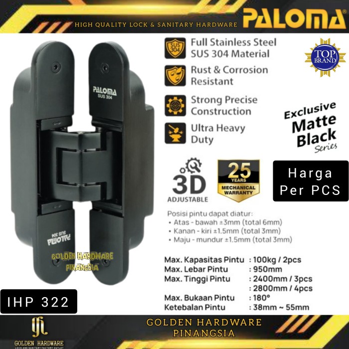[Ori] Engsel Tanam Pintu Concealed Invisible Hinge Hitam Paloma Ihp 322 Diskon