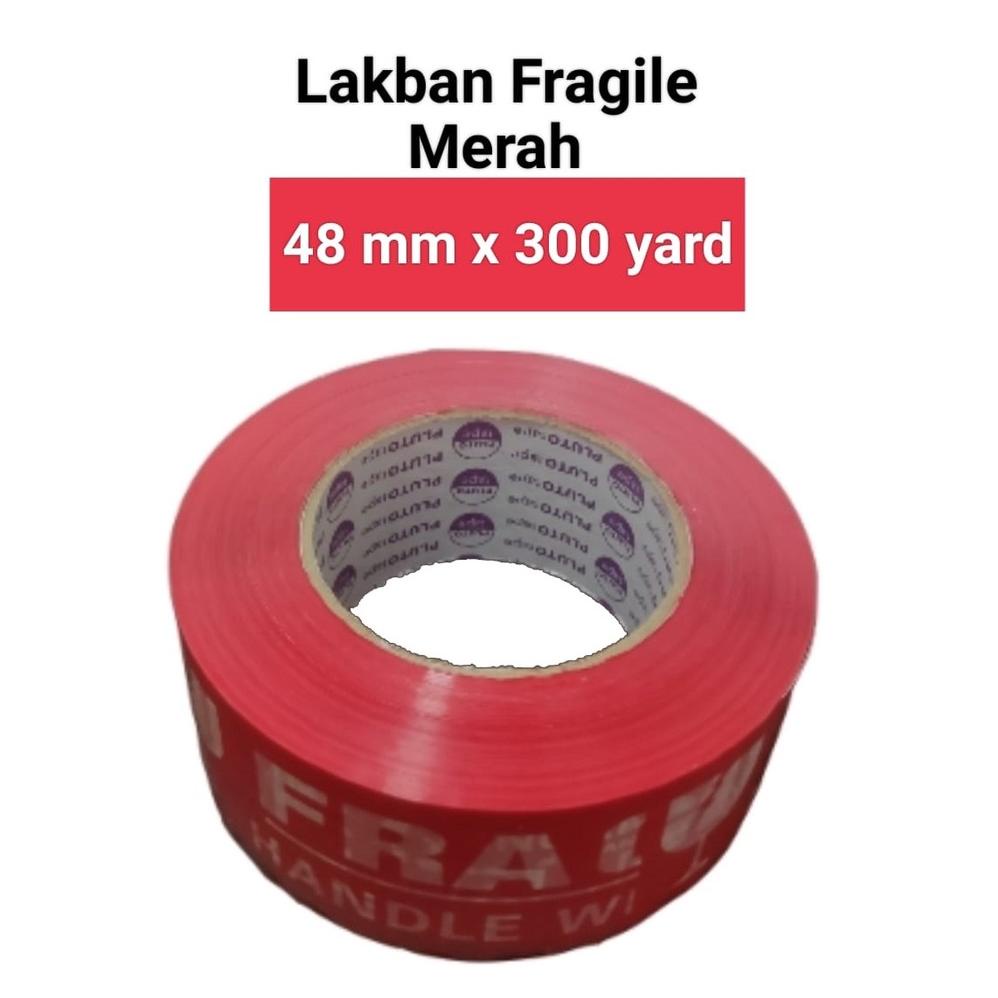 

Model baru - Lakban Fragile Merah / Putih Pluto Tape 48 MM x 300 Yard .,