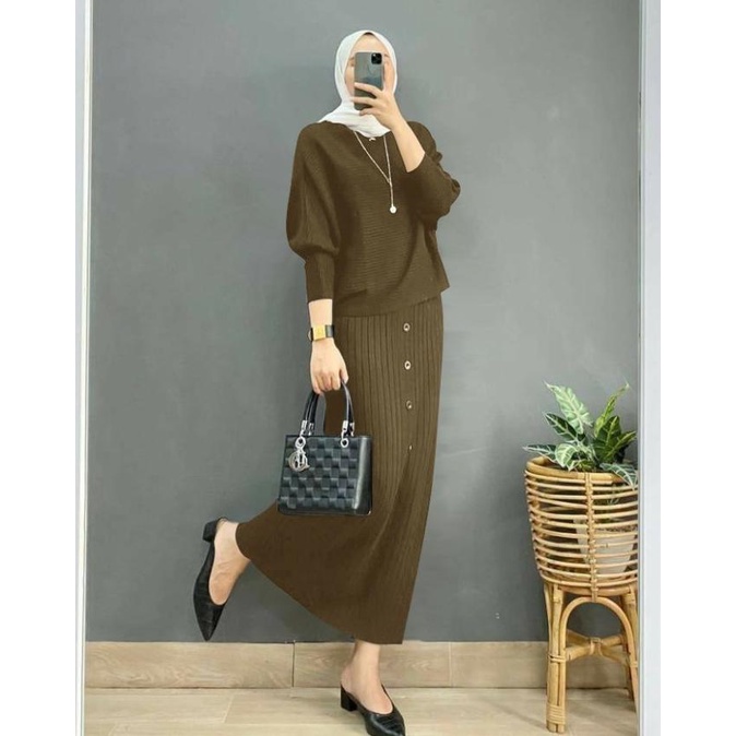 SETELAN ANYA BAJU WANITA BAHAN RAJUT IMPORT DAN ROK PANJANG MUSLIM