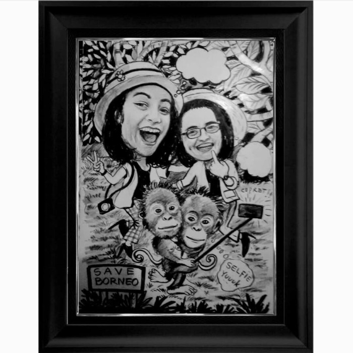 Sketsa Karikatur Hitam Putih (1 Wajah)+Bingkai Minimalis A2:40X60Cm Promo Terbaru