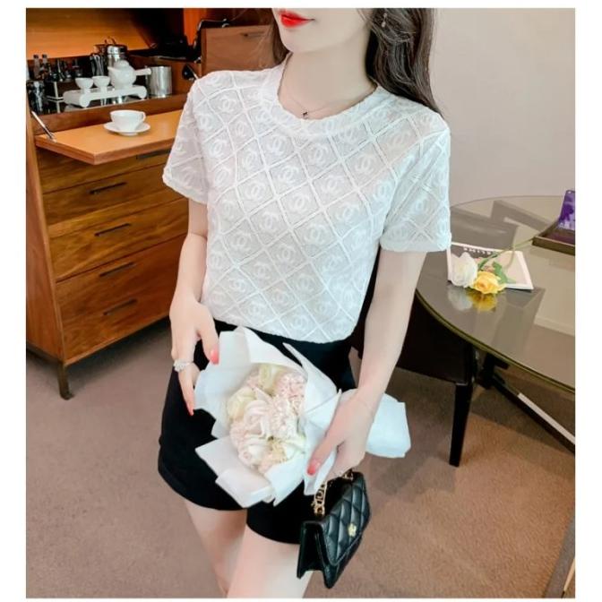 BLOUSE ATASAN WANITA PUTIH MODEL BRUKAT CANTIK KOREA LENGAN PENDEK ELE SRISARI5