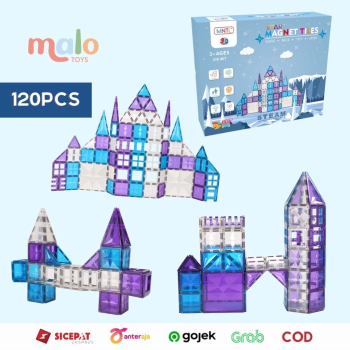Mntl Star Magnetic Tiles 120 Pcs Ice Set Warna Biru Ungu Transparan Ready