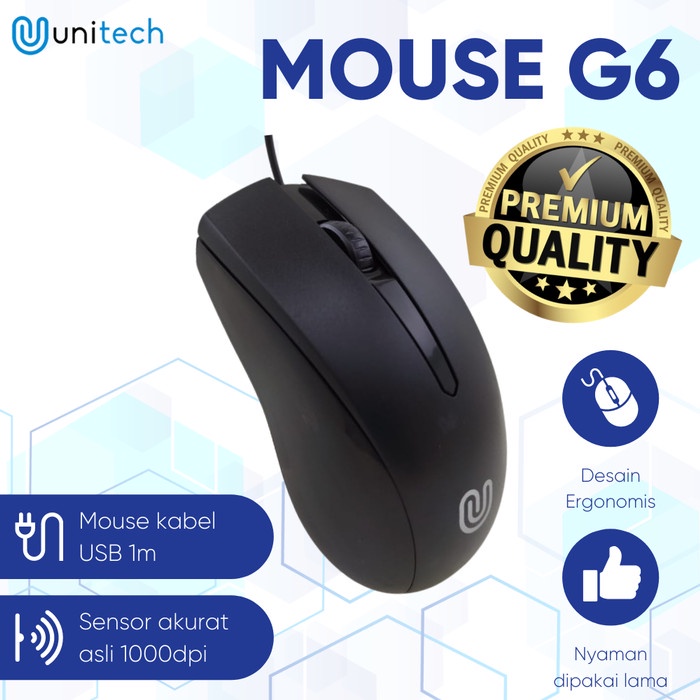 UNITECH MOUSE KABEL OPTIKAL G6 WIRED KABEL USB 1000DPI LAPTOP PC