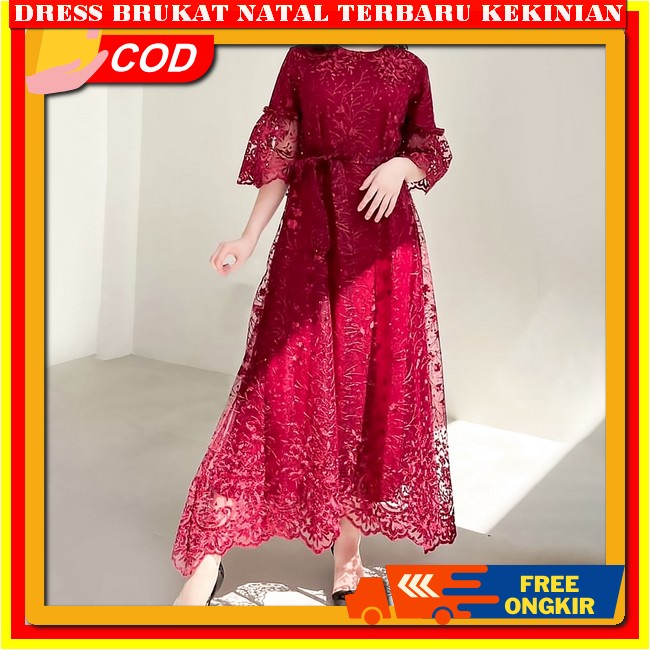 Dress Brokat Terbaru 2023 Drees Korean Style Elegan Lilac Hijau Sage Navy Denim Dress Natal Kondanga
