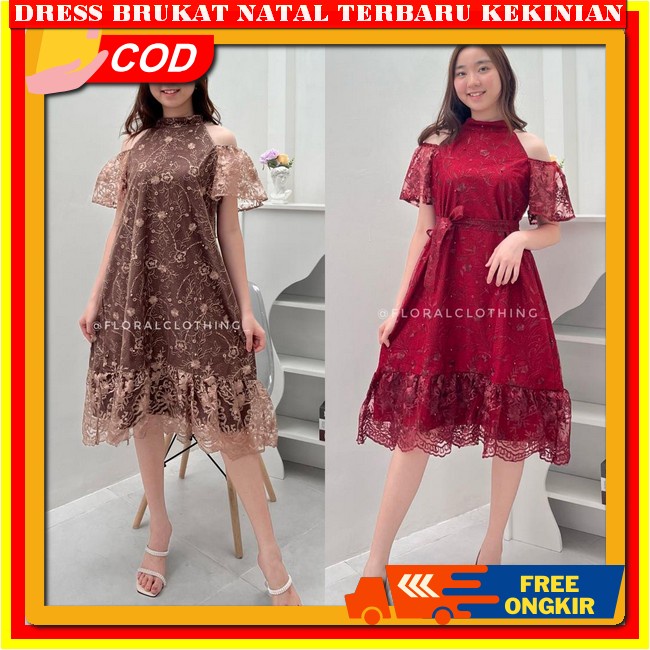 Dress Brokat Terbaru 2023 Dres Wanita Kristen Brukat Pesta Mewah Warna Peach Pink Kuning Drees Korea