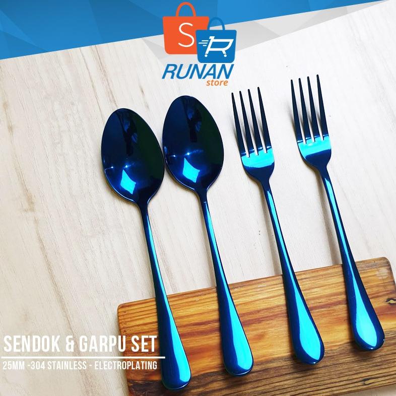 Sendok Garpu Korea Set Sendok Makan Stainless Steel Warna Biru Blue