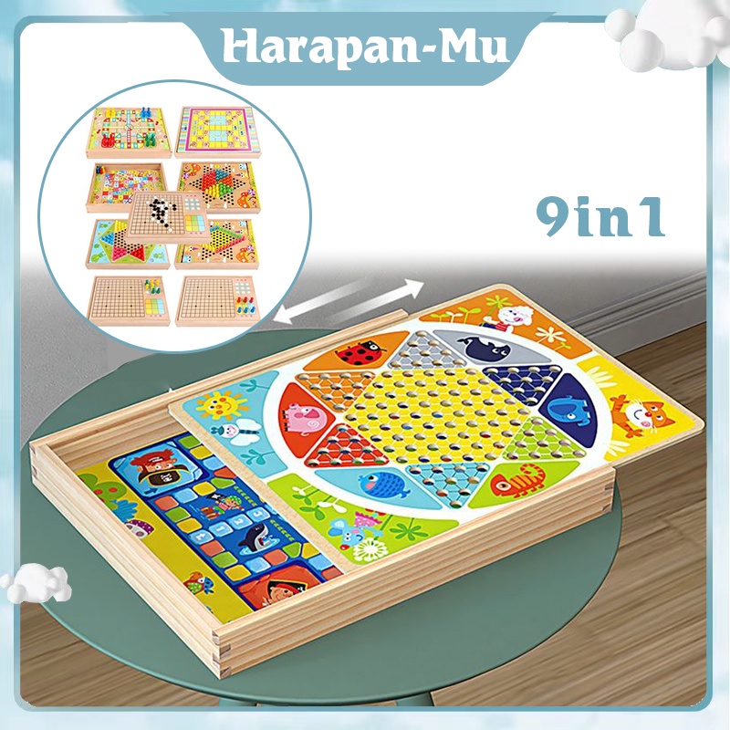 9In1 Wooden Board Game Chess Game Mainan Anak Edukasi Kayu Mainan Papan Education Toys