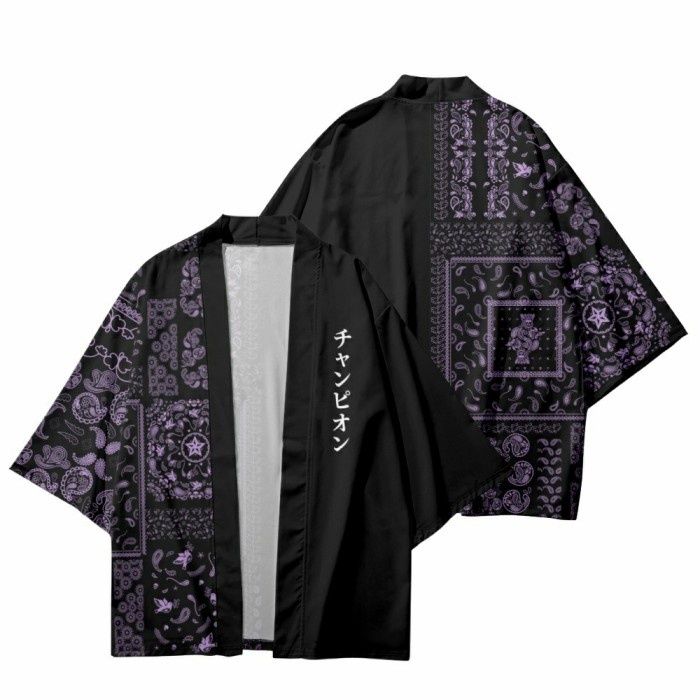 KIMONO BLACK PLAID SUMMER/HAORI HAPPI OUTERWEAR CARDIGAN FASHION JAPAN