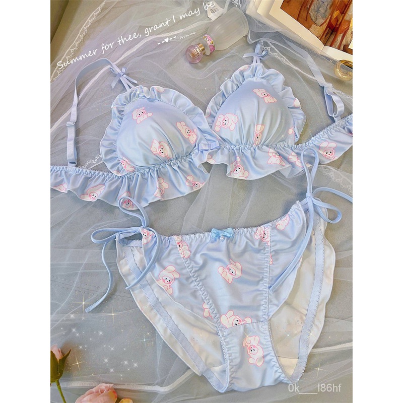 

Setelan Pakaian Dalam Tanpa Cincin Baja, Setelan Pakaian Dalam Segitiga Cup Susu Sutra Kartun Biru Kelinci