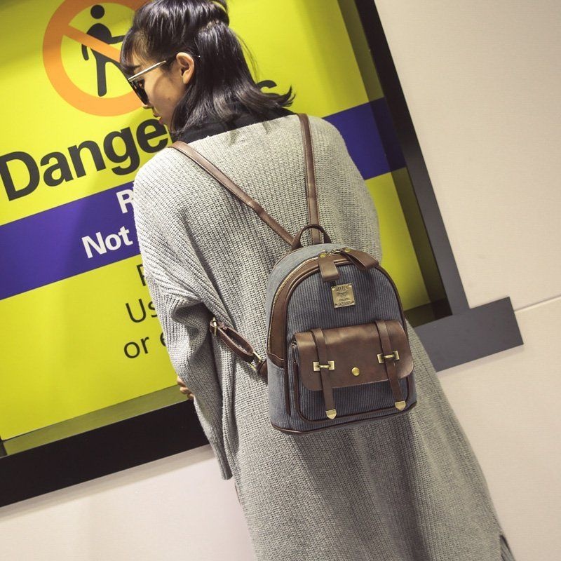 Ransel Mini Wanita, Tas Punggung Kecil Korduroi Warna Kontras Gaya Korea