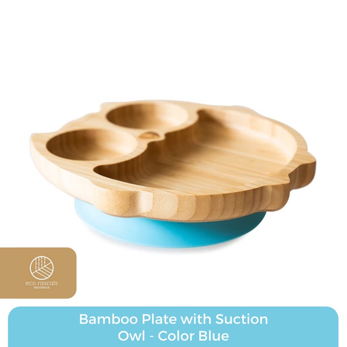 ✅New Eco Rascals Bamboo Owl Plate With Suction - Blue Terbatas