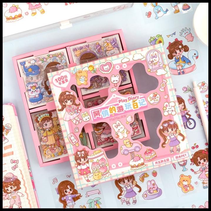 

TERMURAH 100 LEMBAR STIKER AQIAO PLAY DIARY LUCU STICKER WATERPROOF KOREAN