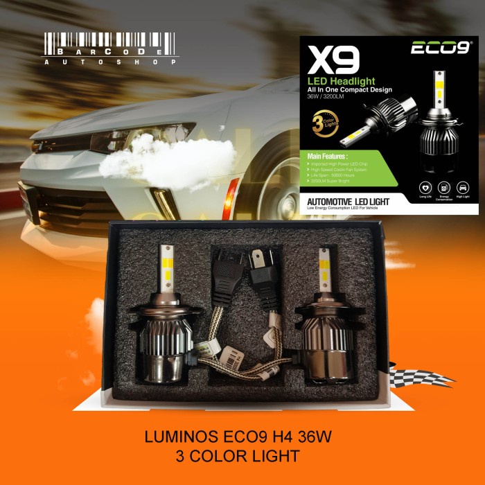 Luminos 9 X9 Led H11 H4 Hb3Hb4 36Watt Bohlam Led Bisa 3 Warna Ready
