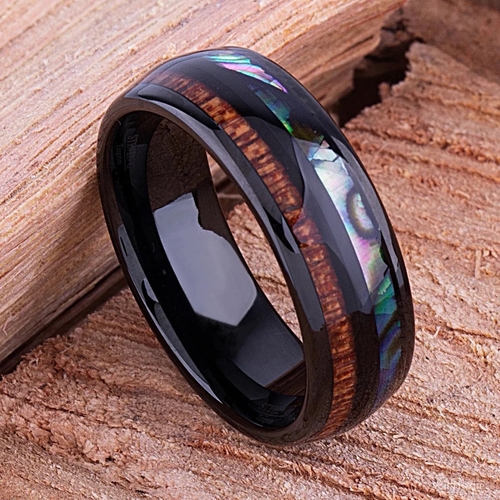 Cincin Baja Titanium Hitam 8Mm Modis untuk Pria Cincin Cangkang Kayu Koa Hawaii dan Abalon Hadiah Pe