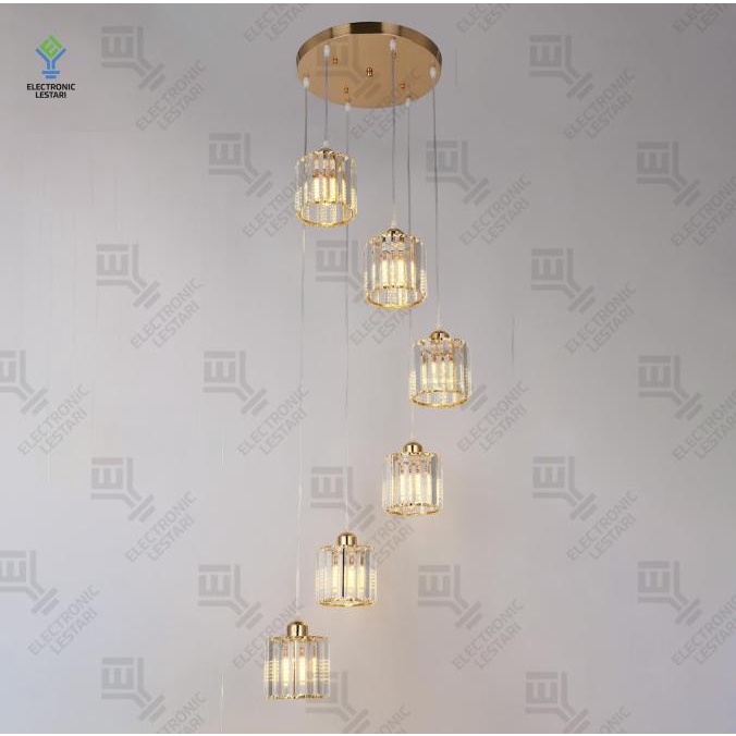 Lampu Gantung Kristal Minimalis Void Tangga Bulat 6 Emas Hitam Hias 52 Premium
