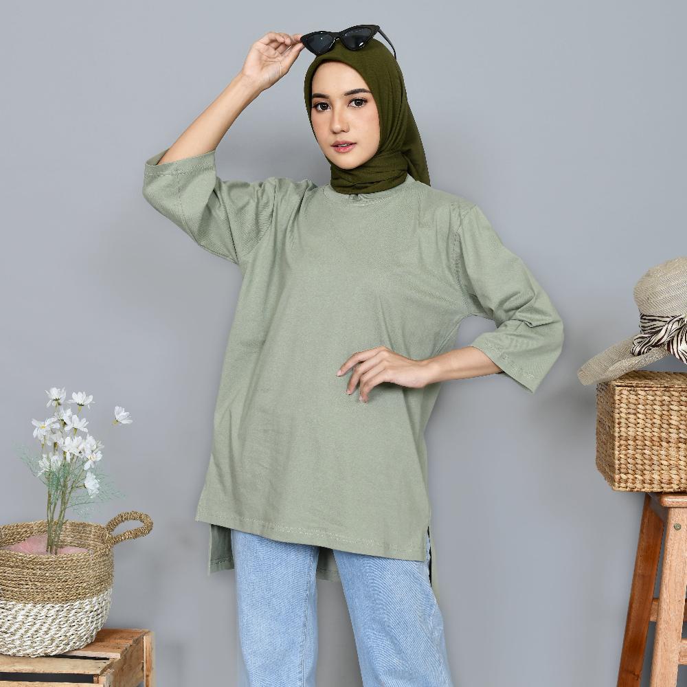 Bisa COD Ephipany Atasan Wanita Kaos Tunik Sage Green Polos Sale