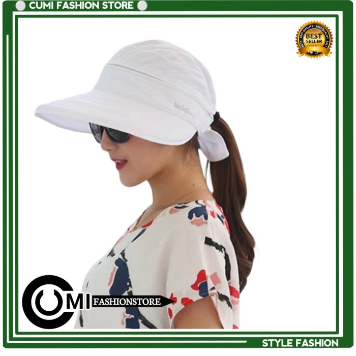 TOPI PANTAI WANITA TOPI LEBAR LIPAT PRAKTIS ZIPPER PITA KUPU PUTIH