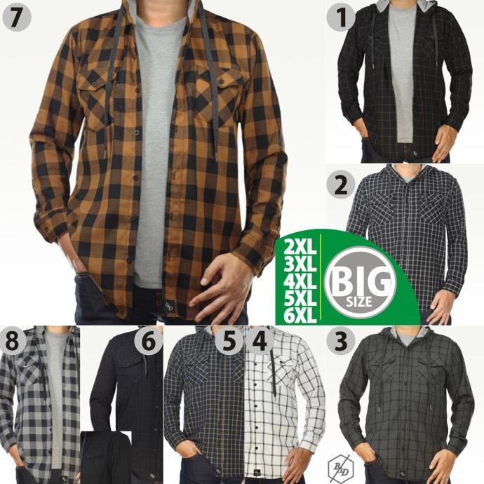 Kemeja Flanel Kaos 2In1 Big Size Jumbo Hem Kotak Casual Kerja Hoodie