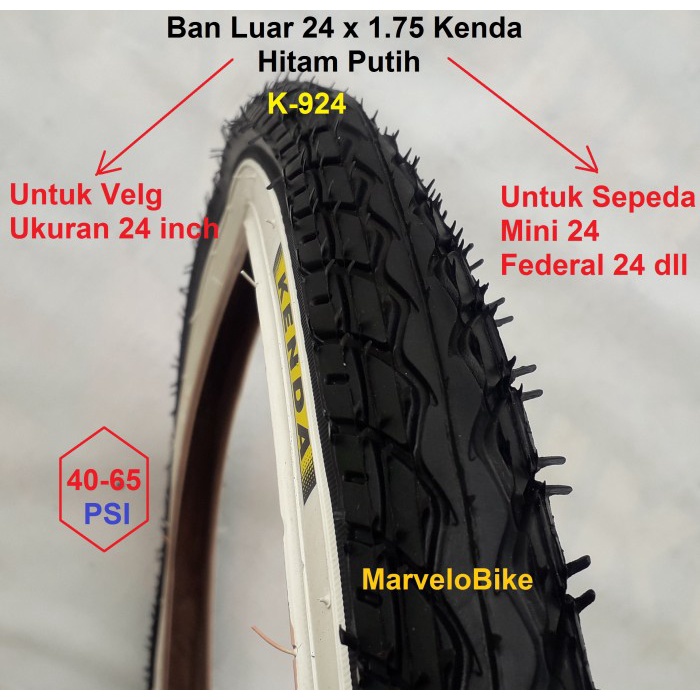 BAN LUAR SEPEDA 24 X 1.75 KENDA HITAM PUTIH K-924 ORIGINAL