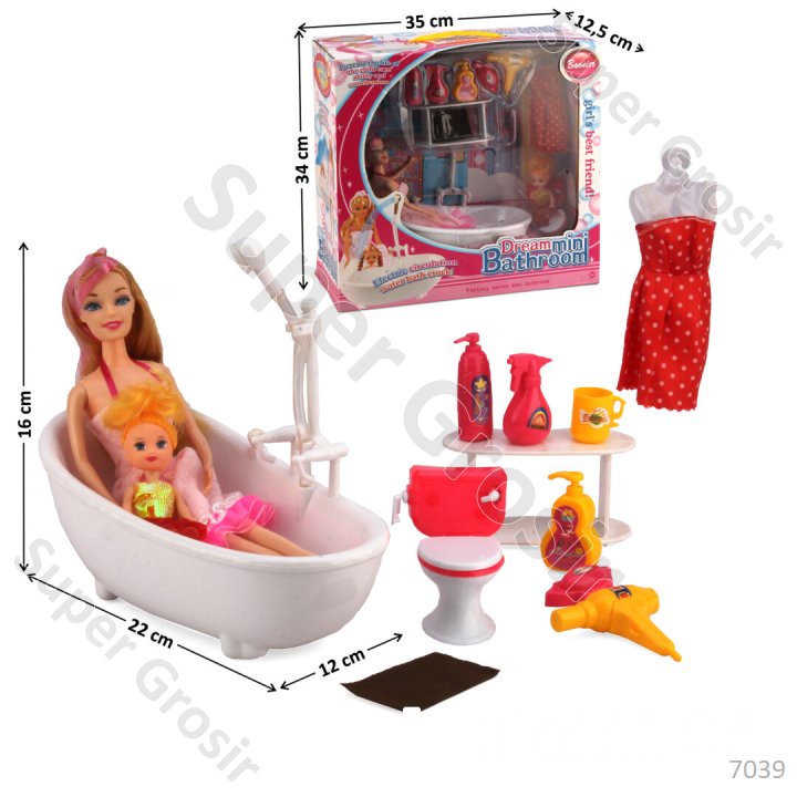 Mainan Anak Boneka Skala Barbie Body Padat + Acc Kamar Mandi + Anak Dream Mini Bathroom