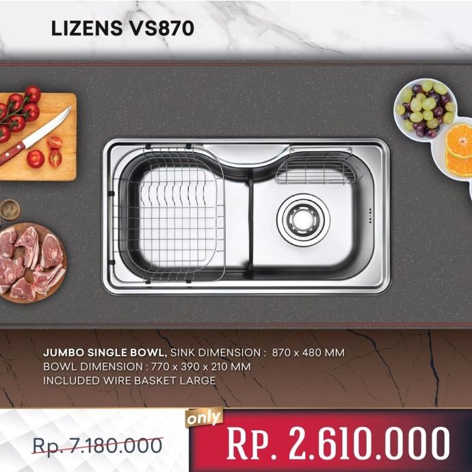 LIZENS KOREA VS870 Jumbo Bowl - Kitchen Sink Stainless 87 cm X 48 cm