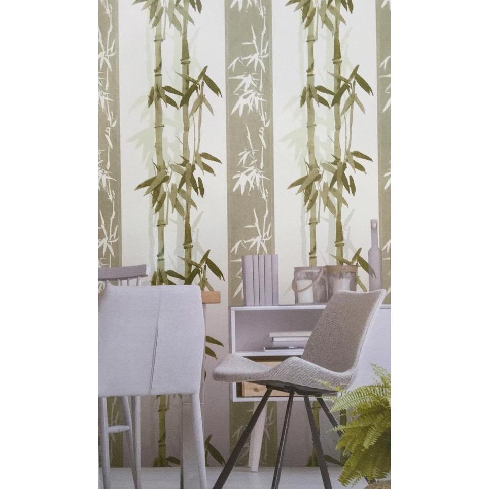 Wallpaper Dinding 3D Motif Pohon Bambu Dasar Putih Daun Hijau AbU Kuning Sf