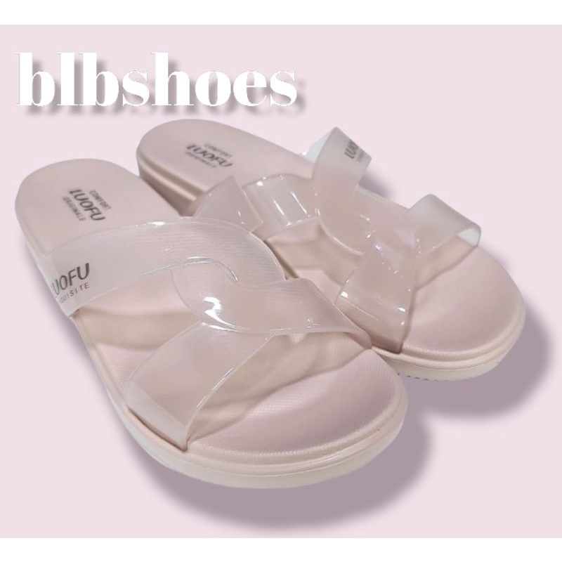 Sendal Karet Slop Silang Transparan/Bening Luofu E7190Bt,Sendal Jelly Wanita Luofu Terbaru Nyaman,