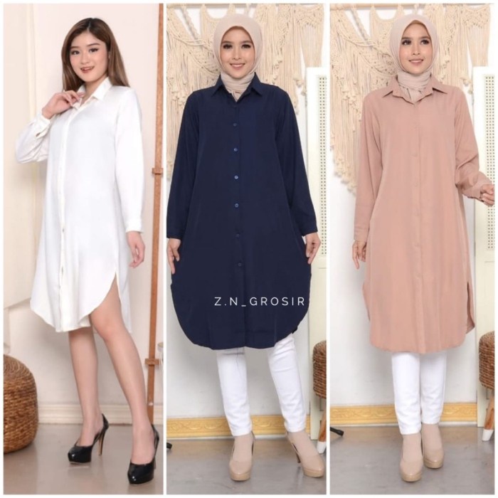 Baju Long Dress Kemeja Tunik Wanita Hitam Putih Polos Jumbo Casual Kas