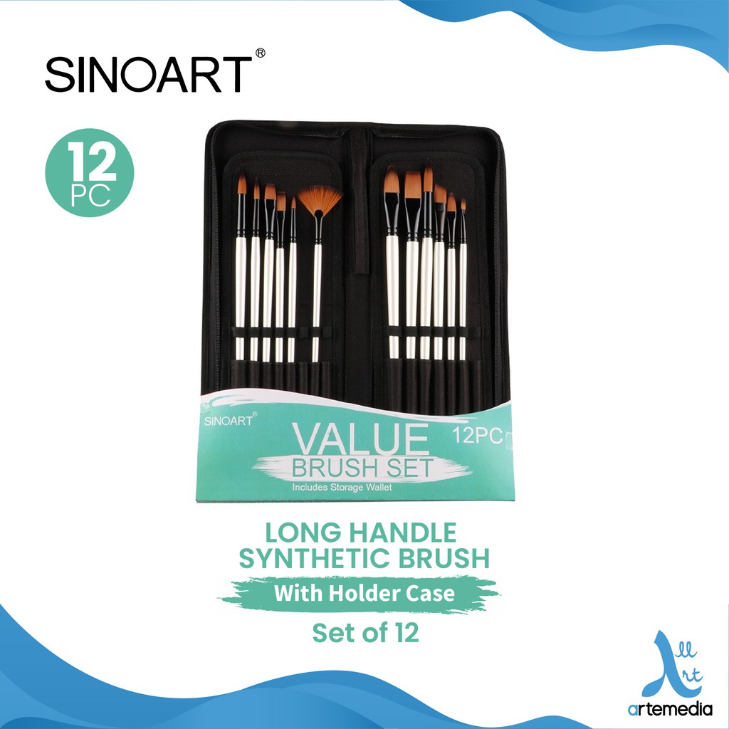 

Kuas Lukis Sinoart Set 12 Long Handle Synthetic Brush Holder Case