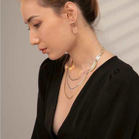 [Baru] Nkgp-23M Quina Gold Plated 18K Stainless Steel Snake Chain Stacked Geo Terbatas