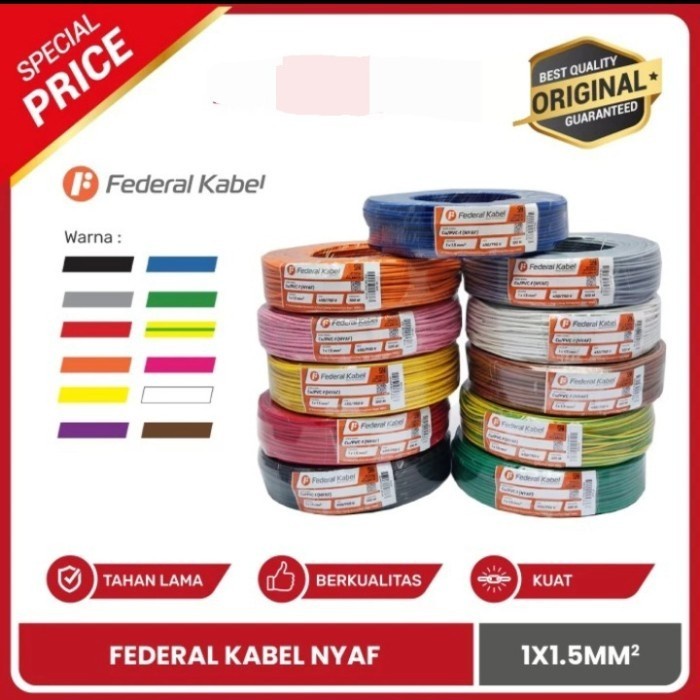 [Ori] Federal Kabel Nyaf 1.5 Mm Kuning Hijau Diskon