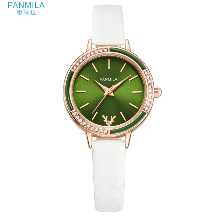 ✅New Ori Panmila Jam Tangan Wanita Kasual P0540S-Dz1Rwq Tali Kulit Putih Hijau Berkualitas