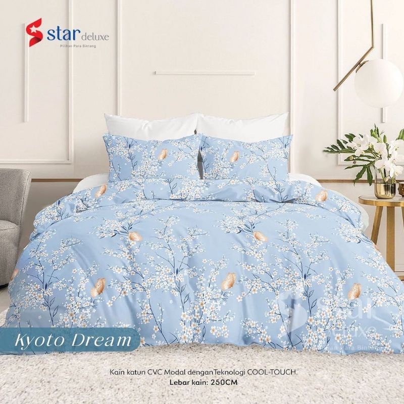 Sprei 180x200 Sprei karet katun cvc original Grade 1 merk Star Deluxe motif Kyoto Dream Biru