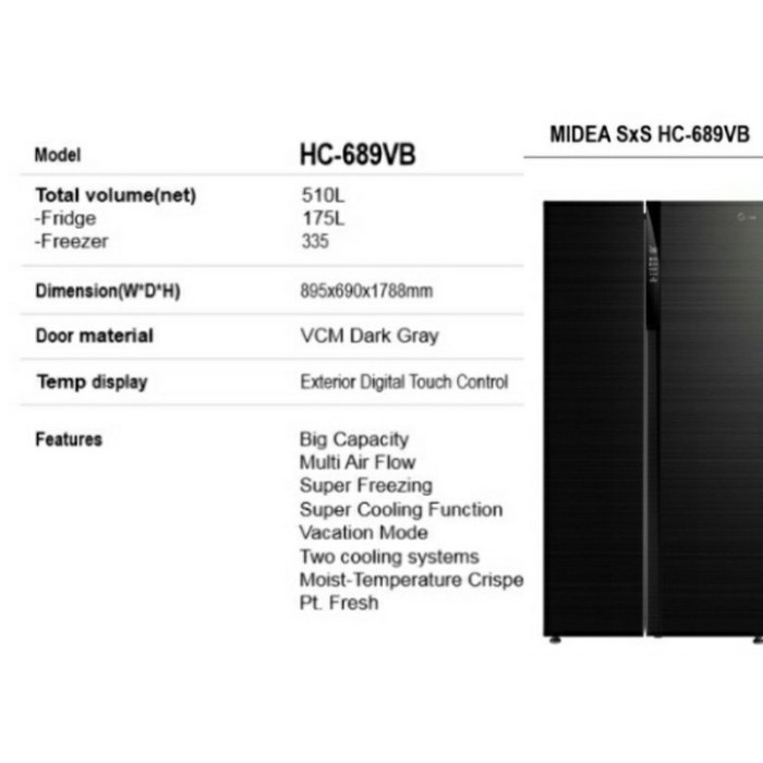 ✨Ready Kulkas Midea Hc-689Vb Side By Side Two Vooling 510 L Hc 689 Diskon