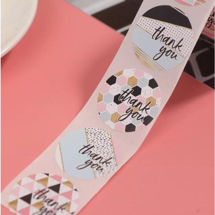 

] Sticker Label / Paper Tag Thank You Bulat D 2.5 cm Pink Kotak