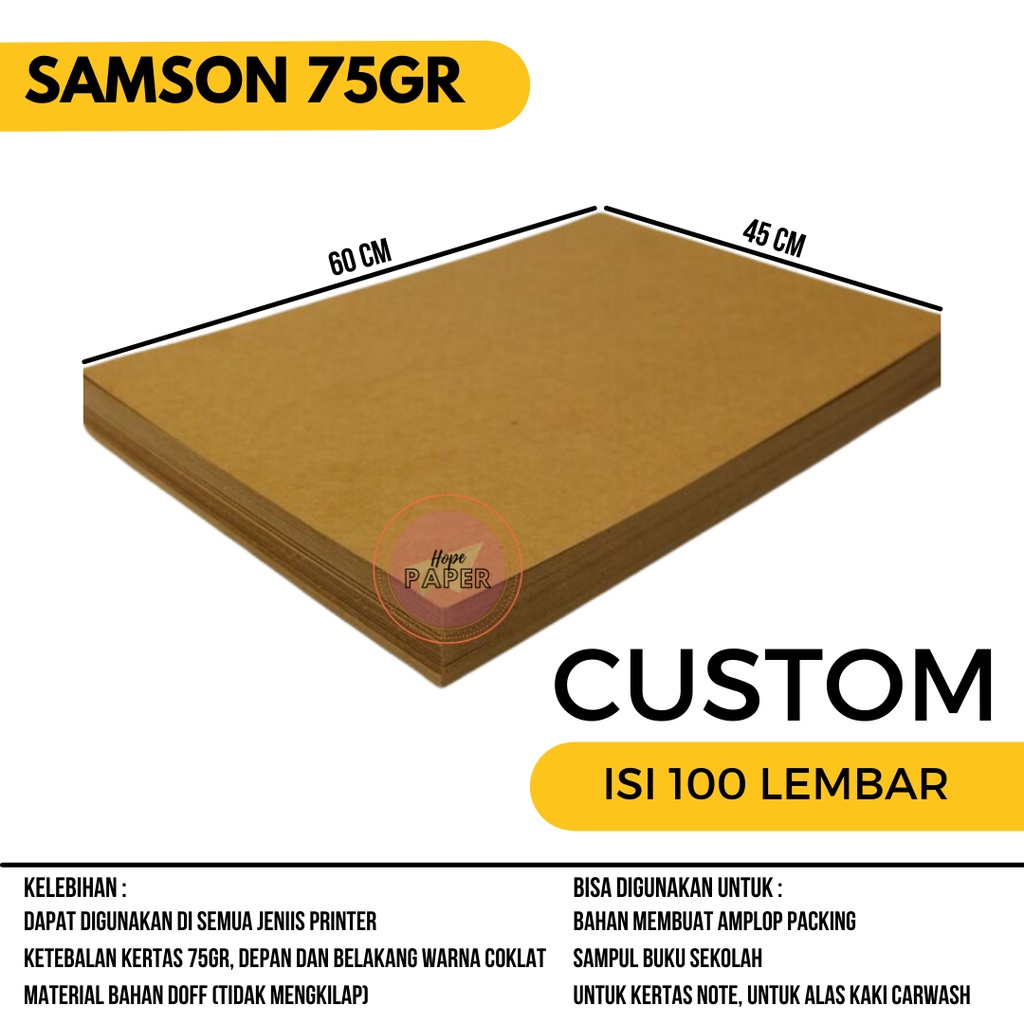 

Kertas Samson 45X60 75Gr Isi 100 Lembar / Kertas Sampul Buku Tulis / Kertas Cuci Mobil / Kertas
