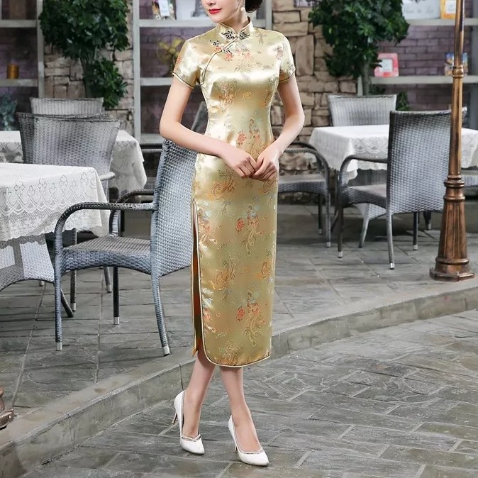 Maxi Dress Cheongsam Qipao Gold Enchanted Bird Classy Chinese Cny Evn