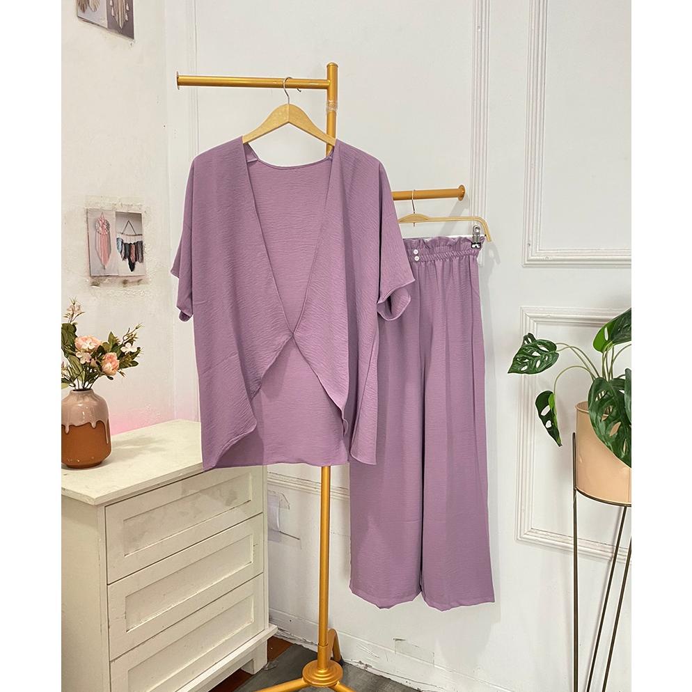 Set Polos Baju One Set Outer Wanita Jumbo Lengan Pendek Crinkle Premium Polos Setcel Celana Kulot Pa