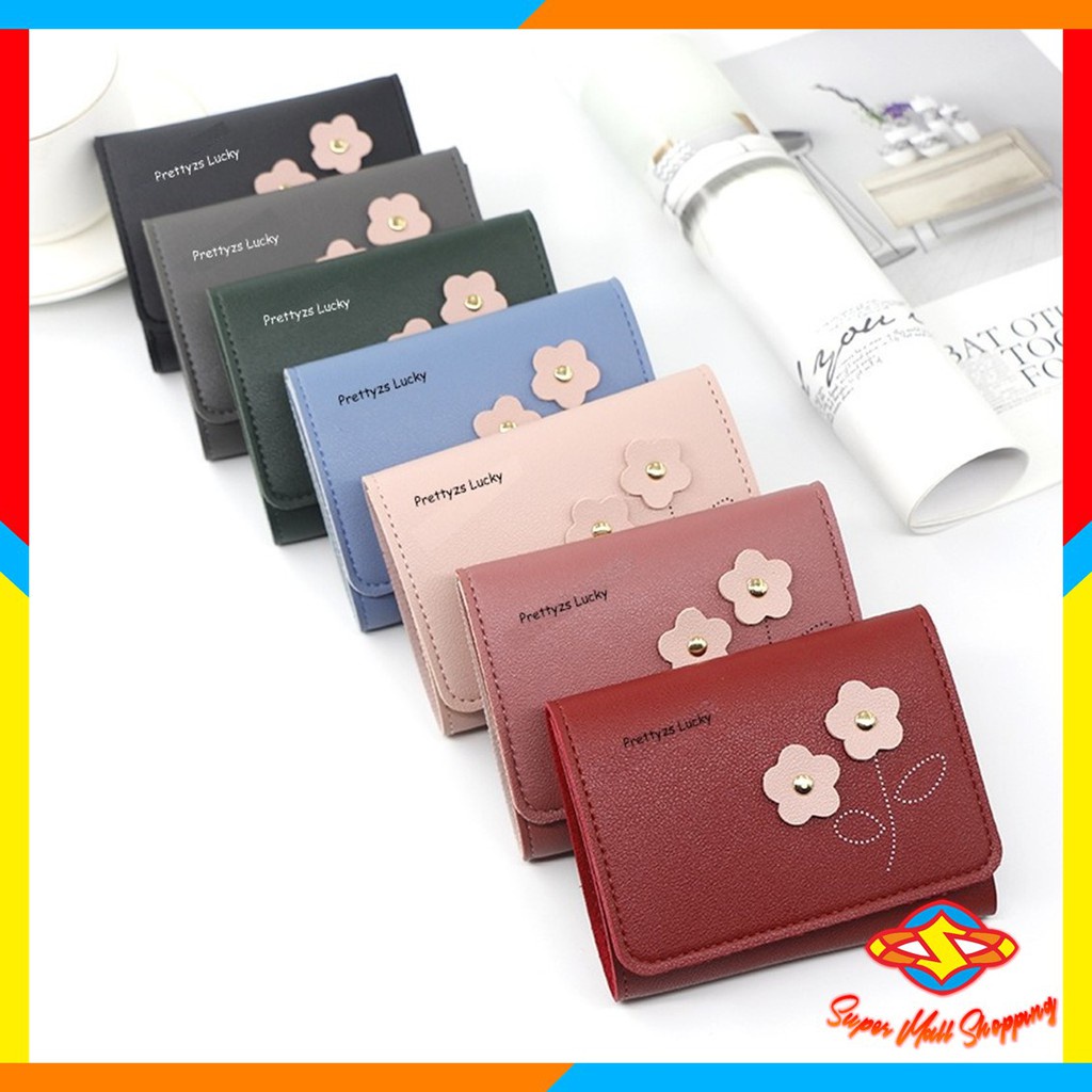 SMS Dompet Wanita Kecil 2 Bunga Dompet Mini Prettyzys Lucky Fashion Korea Dompet Kartu Lipat Pendek