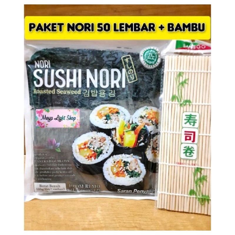 

Paket Sushi N Isi 50 Lembar + 1Bambu Sushi Java Sakao N Makisu Sushimat Sushi Bamboo Dry Seaweed