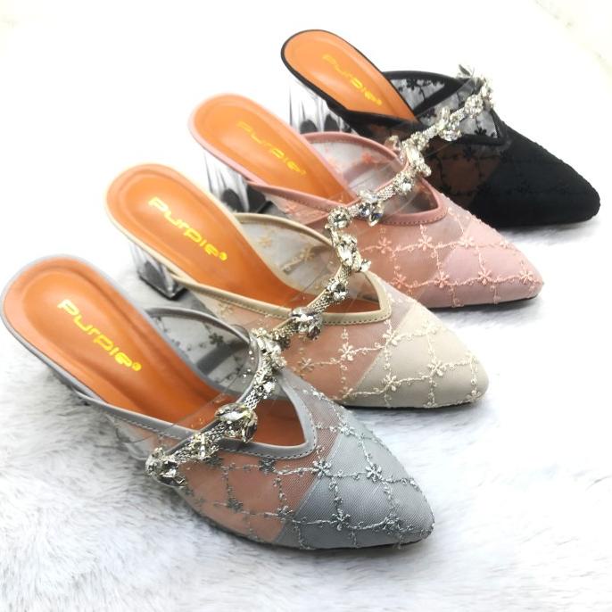 Sandal Pesta Brukat Wanita Heels Bening Mewah Big Size Model Terbaru