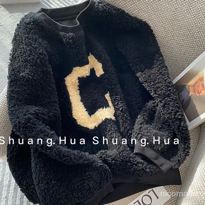 Nico##Sweater Rajut Bulu FUZZY Fur Knit Lengan Balon Oversize Motif/sweatshirt wanita hitam