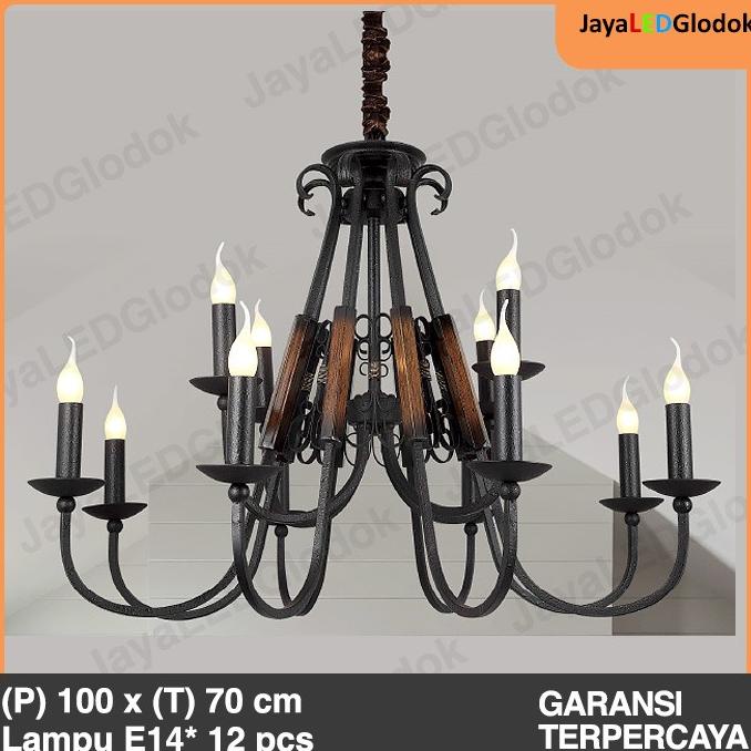 Lampu Gantung Industrial Klasik Hitam Ruang Tamu Hias Aksen Kayu Tua  Arkanafadli