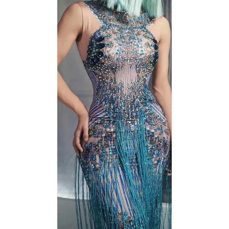 Blue Sexy Jazz Singer Dancer Stage Costume Crystals Rhinestone Party Long Dress Women Sleeveless Tas