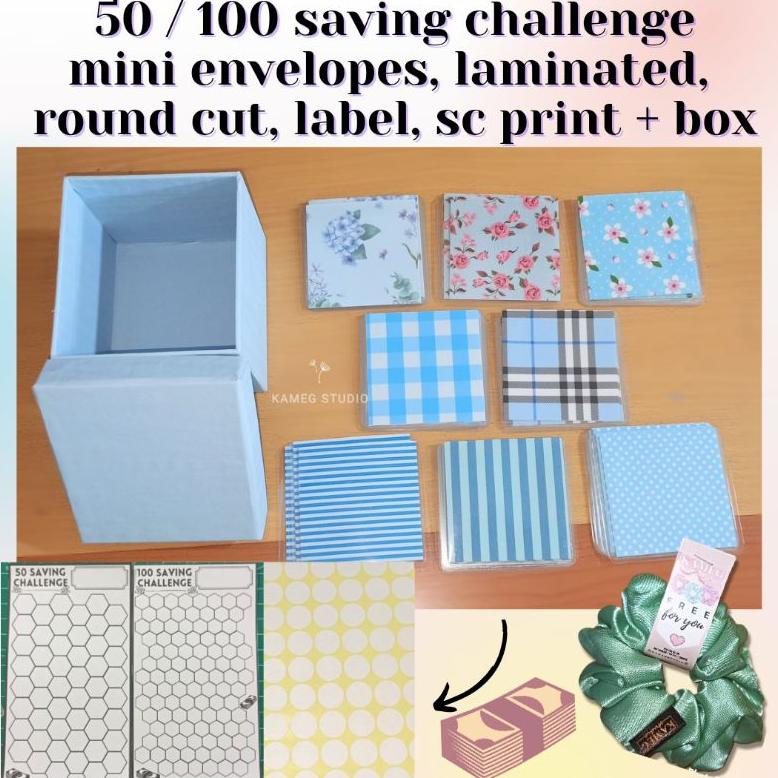 

Special Sale! 50 - 100 Mini Amplop Saving Challenge BIRU | Laminating + Blue Box | Tantangan Menabung Envelopes | kamegstudio Premium