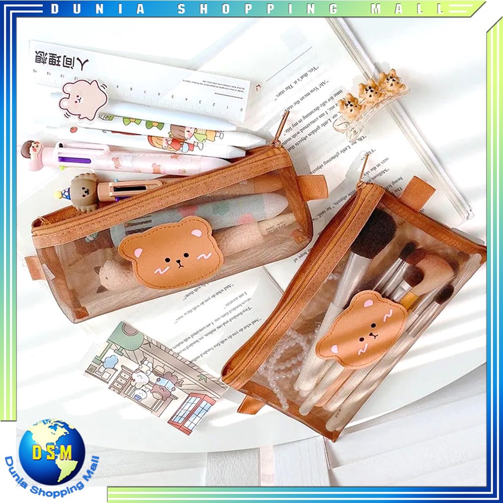 

DSM Tempat Pensil Zipper Coklat Motif Beruang Dompet Pensil Coklat Lucu Motif Bear Tempat Makeup Teddy Brown Model Jaring Transparan dan Multicolour Cute