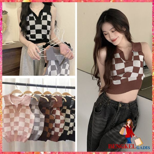 BG Baju Crop Wanita Korean Diamond Kode 6859  Plaid Knit Vest Crop Top Rompi Rajut Korea V Neck Baha