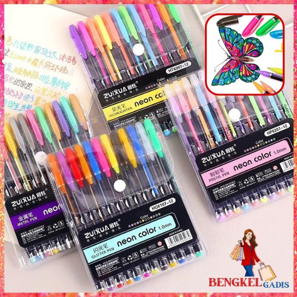

BG Pena Glitter Metalik 1.0mm Isi 12pcs Pulpen Warna Warni Tinta Pastel Neon Color Pen Pastel Ballpoint Craftwork Scrapbook Gel Ink Highlighter Penanda Buku Warna Warni Ujung Lembut