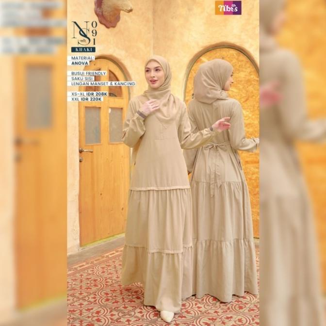 Gamis Nibras NS 091 Warna Cream Khaki Baju Muslimah Branded Syar'i Ori