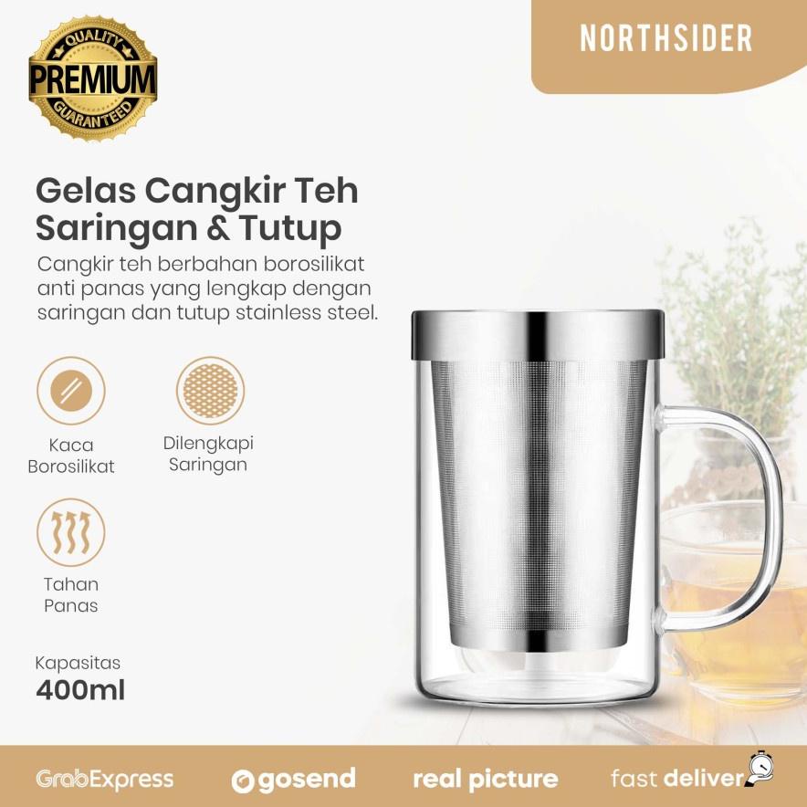 Gelas cangkir teh kaca 400ml saringan dan tutup stainless steel